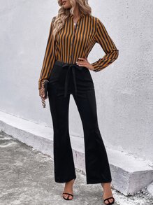 SHEIN Clasi Striped Notched Neckline Blouse & Belted Flare Leg Trousers - Multicolor - View 3