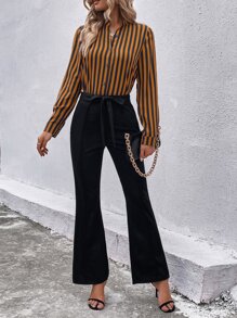 SHEIN Clasi Striped Notched Neckline Blouse & Belted Flare Leg Trousers - Multicolor - View 4