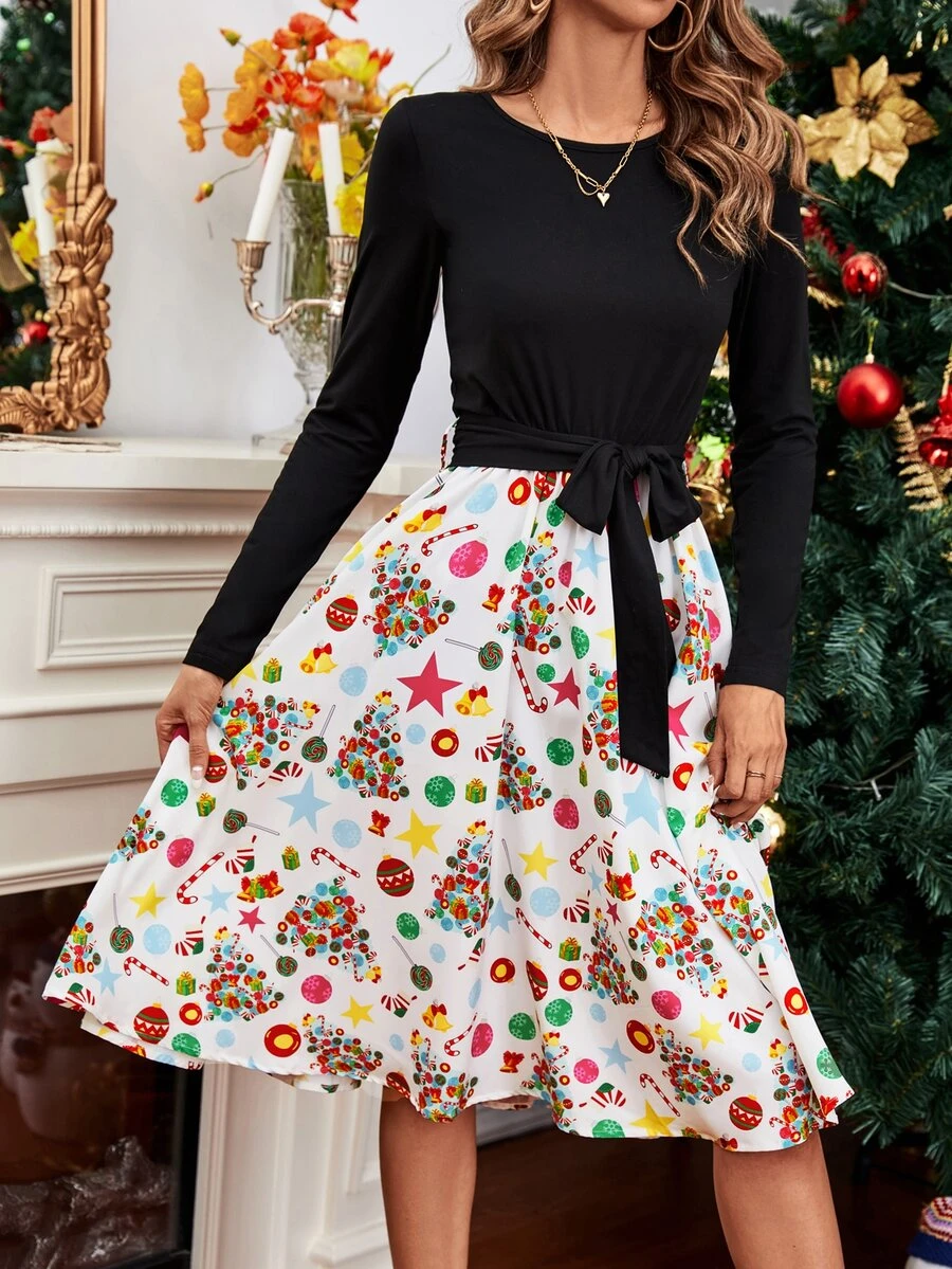Christmas Print Belted Dress - White - View 1
