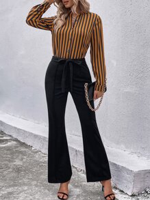 SHEIN Clasi Striped Notched Neckline Blouse & Belted Flare Leg Trousers - Multicolor - View 5