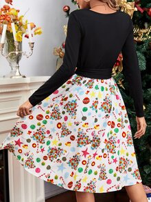 Christmas Print Belted Dress - White - View 2