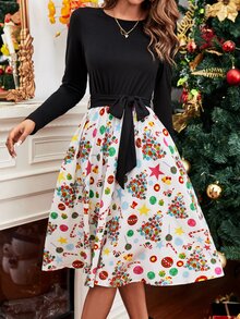 Christmas Print Belted Dress - White - View 3
