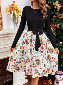Christmas Print Belted Dress - White - View 4