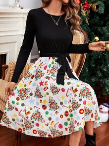 Christmas Print Belted Dress - White - View 5