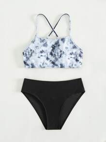 少女扎染交叉后背比基尼套装夏季海滩