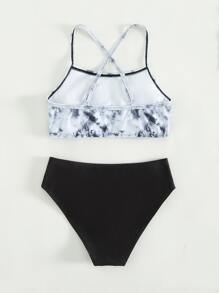 少女扎染交叉后背比基尼套装夏季海滩