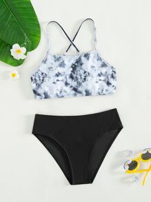 少女扎染交叉后背比基尼套装夏季海滩