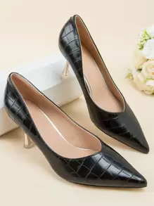 Zapatos de tacón con cocodrilo en relieve de punta con tacón - Negro - Ver 1