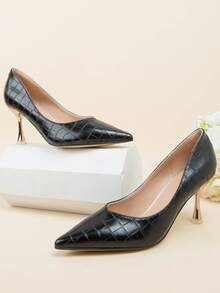 Zapatos de tacón con cocodrilo en relieve de punta con tacón - Negro - Ver 2