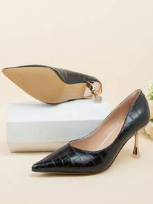 Zapatos de tacón con cocodrilo en relieve de punta con tacón - Negro - Ver 3