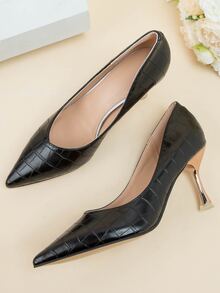 Zapatos de tacón con cocodrilo en relieve de punta con tacón - Negro - Ver 5