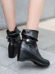 Studded Decor Hidden Wedge Boots - Black - View 2
