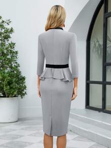 Đầm Tương phản ren Xù Chia Dây kéo Cắt ra Khối Màu Thanh lịch - Xám - Xem 2