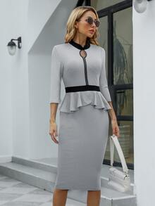 Đầm Tương phản ren Xù Chia Dây kéo Cắt ra Khối Màu Thanh lịch - Xám - Xem 3