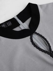 Đầm Tương phản ren Xù Chia Dây kéo Cắt ra Khối Màu Thanh lịch - Xám - Xem 4