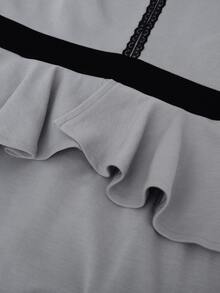 Đầm Tương phản ren Xù Chia Dây kéo Cắt ra Khối Màu Thanh lịch - Xám - Xem 5