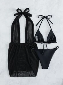Halter Micro Triangle Summer Beach Bikini Set With Beach Skirt - Black - View 3