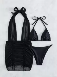 Halter Micro Triangle Summer Beach Bikini Set With Beach Skirt - Black - View 5