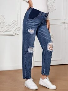 SHEIN Maternity High Waist Ripped Mom Fit Jeans - Medium Wash - View 3