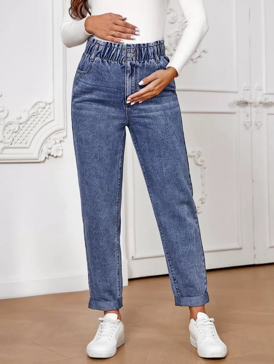 SHEIN Maternity Paperbag Waist Mom Fit Jeans - Medium Wash - View 1