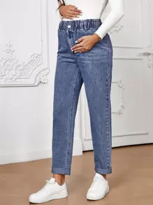 SHEIN Maternity Paperbag Waist Mom Fit Jeans - Medium Wash - View 3