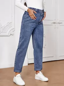 SHEIN Maternity Paperbag Waist Mom Fit Jeans - Medium Wash - View 4