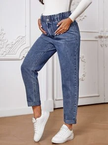 SHEIN Maternity Paperbag Waist Mom Fit Jeans - Medium Wash - View 5