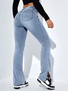 SHEIN ICON Jeans de pierna amplia de talle alto desgarro crudo bajo con abertura - Lavado ligero - Ver 2