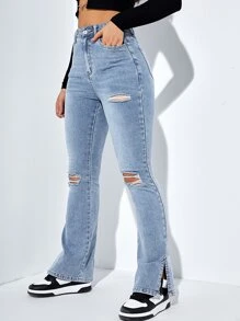 SHEIN ICON Jeans de pierna amplia de talle alto desgarro crudo bajo con abertura - Lavado ligero - Ver 3