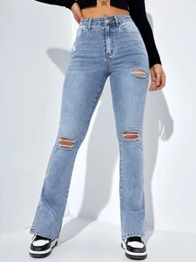 SHEIN ICON Jeans de pierna amplia de talle alto desgarro crudo bajo con abertura - Lavado ligero - Ver 4
