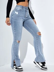 SHEIN ICON Jeans de pierna amplia de talle alto desgarro crudo bajo con abertura - Lavado ligero - Ver 5