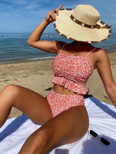 Ditsy Floral Print Ruffle Hem Bikini Set Summer Beach
