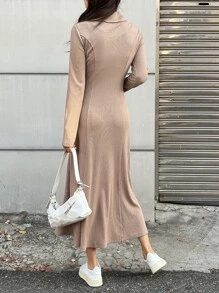 DAZY Đầm Dây kéo Gân đan màu trơn Giải trí - Màu Khaki - Xem 2