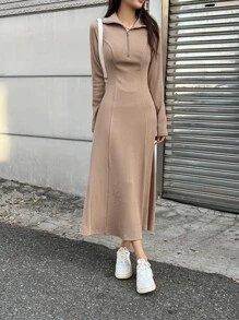 DAZY Đầm Dây kéo Gân đan màu trơn Giải trí - Màu Khaki - Xem 7