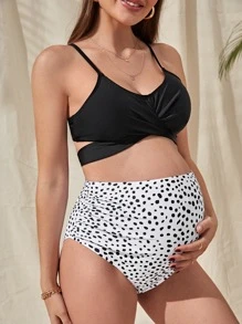 SHEIN Maternity Dalmatian Print Twist Bikini Set, Maternity Bathing Suit Summer Beach - Black and White - View 1