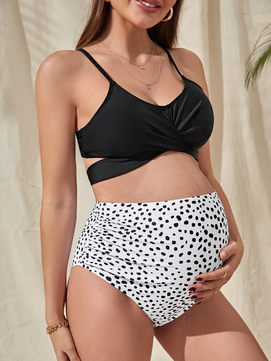 SHEIN Maternity Dalmatian Print Twist Bikini Set, Maternity Bathing Suit Summer Beach - Black and White - View 1
