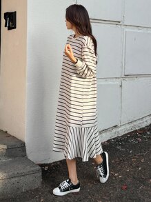 DAZY Vestido Con Cortina De Hombro Caído Con Rayas Y Dobladillo De Volantes De Sudadera - Blanco y Negro - Ver 9