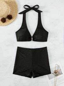 Ring Linked Halter Summer Beach Bikini Set - Black - View 4