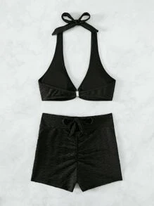 Ring Linked Halter Summer Beach Bikini Set - Black - View 6