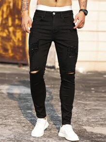 Manfinity LEGND Hombres Jeans ajustados desgarro algodón - Negro - Ver 3