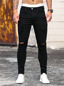 Manfinity LEGND Hombres Jeans ajustados desgarro algodón - Negro - Ver 4