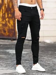 Manfinity LEGND Hombres Jeans ajustados desgarro algodón - Negro - Ver 5