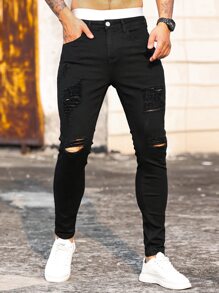Manfinity LEGND Hombres Jeans ajustados desgarro algodón - Negro - Ver 6