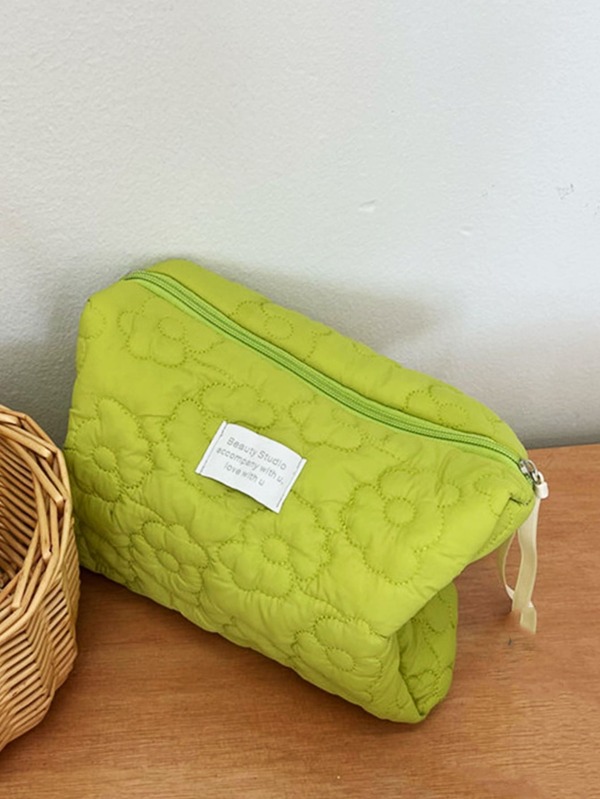 1pc Quilting Soft Women Green Flower Makeup Bag Travel Large Soft
