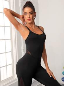Easithlete Crisscross Backless Mesh Panel Sports Jumpsuit Full