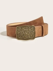 Scroll Detail Geometric Buckle Belt - Camel - View 1