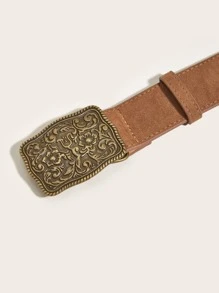Scroll Detail Geometric Buckle Belt - Camel - View 4