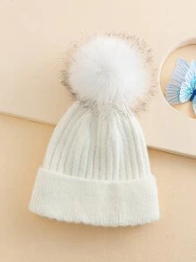 1 chiếc mũ len màu trơn cho nữ có tua rua, lót nhiệt, chống gió và ấm, thích hợp để đội hàng ngày - trắng - Xem 2