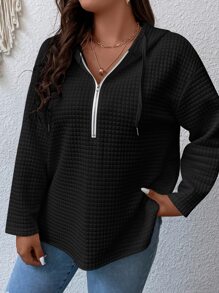 加大码半拉链落肩抽绳卫衣 - 黑色 - 查看 3