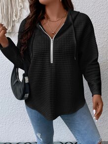 加大码半拉链落肩抽绳卫衣 - 黑色 - 查看 5